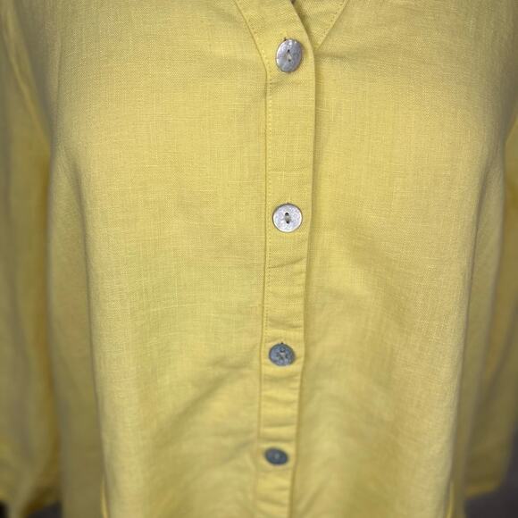 Multiples Long Sleeve Collarless Button Down Top Yellow 100% Linen XL Breathable - Picture 2 of 7